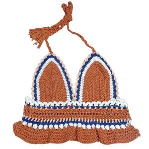 KNOW ONE CARES Crochet Knit Halter Crop Top Copper Blue White Boho Open Back Lg